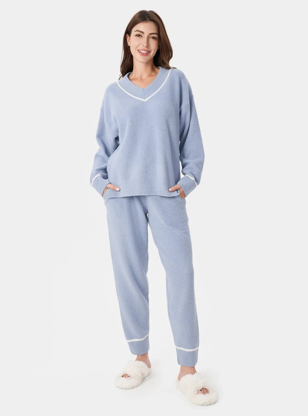 Plush Fleece V-Neck Pajama Set
